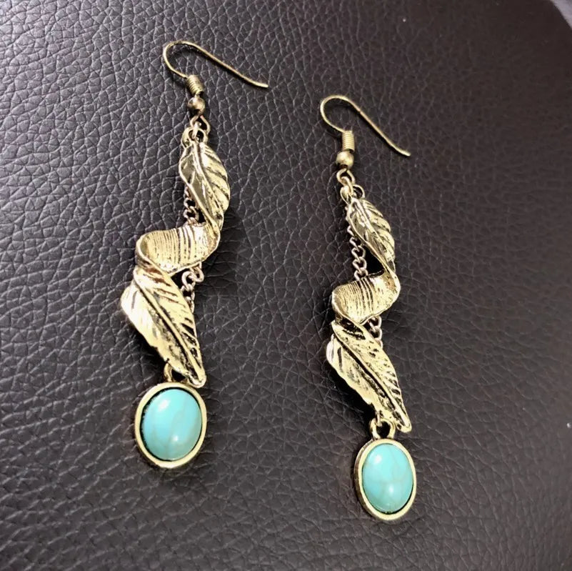 Alloy Leaf Artificial Turquoise Earrings – view 4 | Lola Mariee