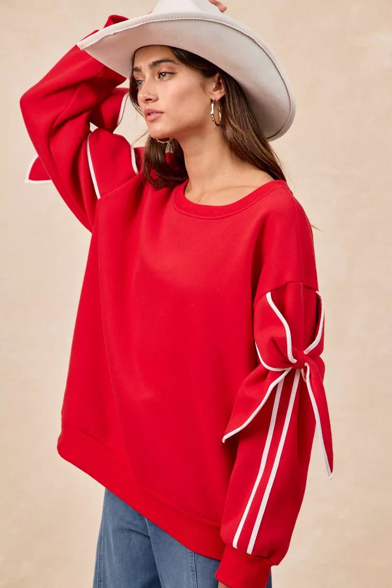 BiBi Bow Detail Sleeves Fleece Sweatshirt - Trendsi | Lola Mariee