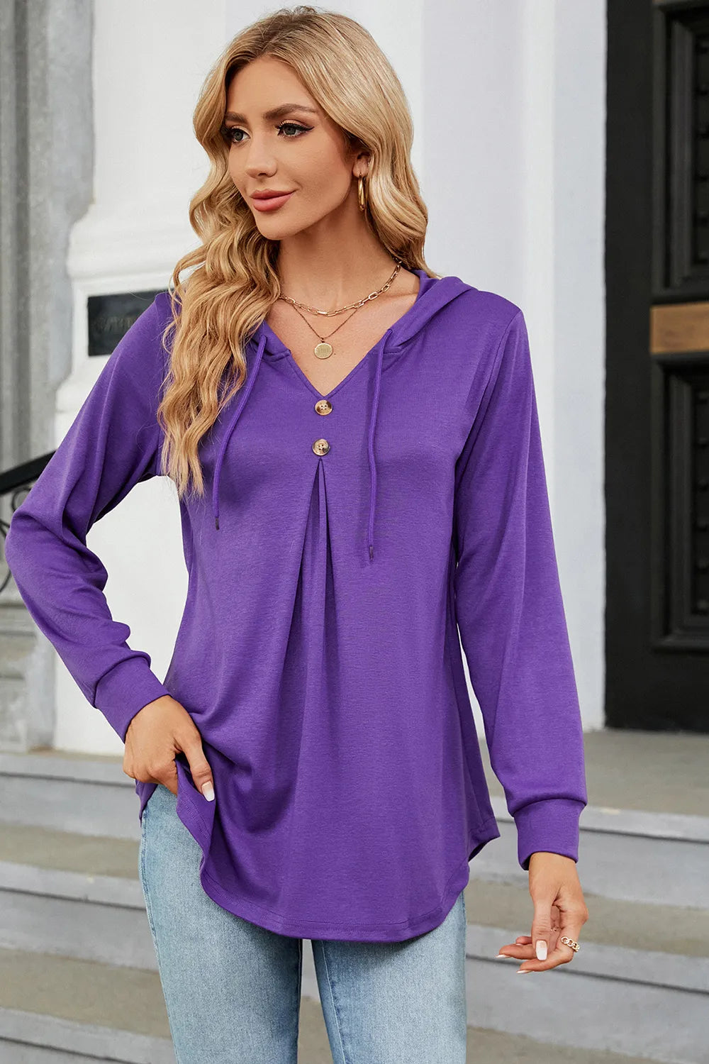 Decorative Button Drawstring Long Sleeve Hoodie - Trendsi | Lola Mariee