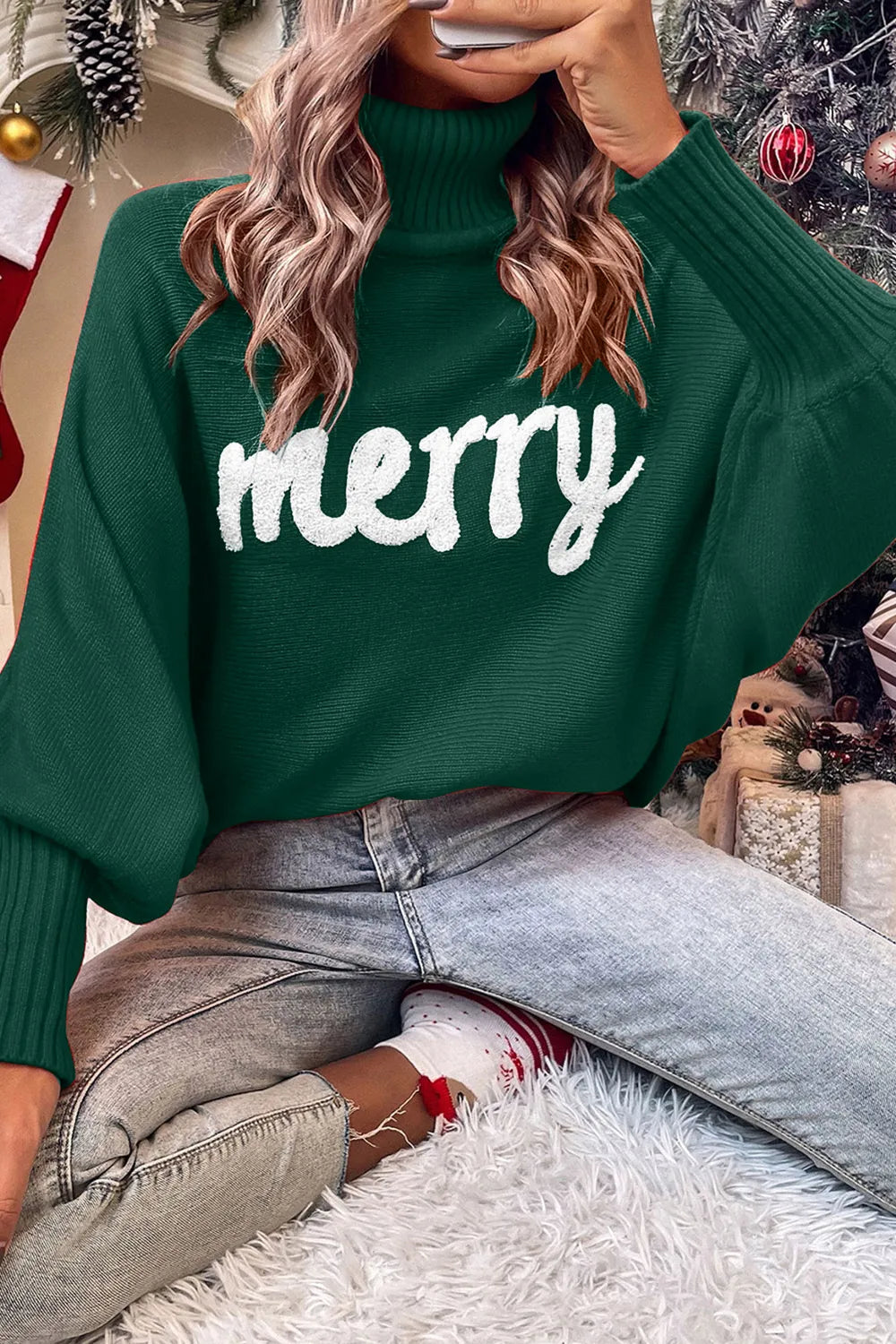 Double Take Full Size Merry Christmas Turtleneck Long Sleeve Sweater | Lola Mariee