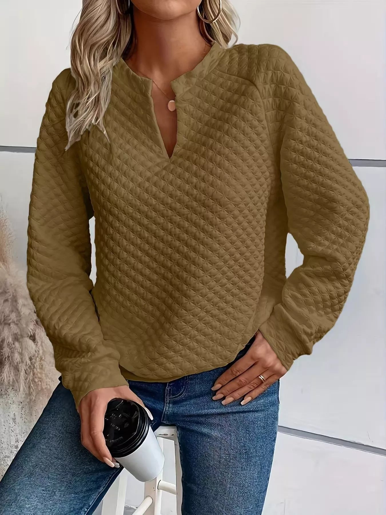 Textured Notched Raglan Sleeve Sweatshirt - Trendsi | Lola Mariee