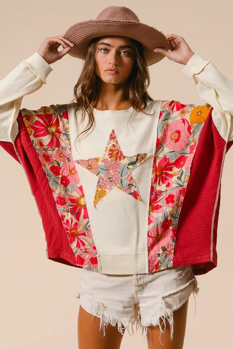 BiBi Floral Print Mixed Star Patch Round Neck Sweatshirt - Trendsi | Lola Mariee