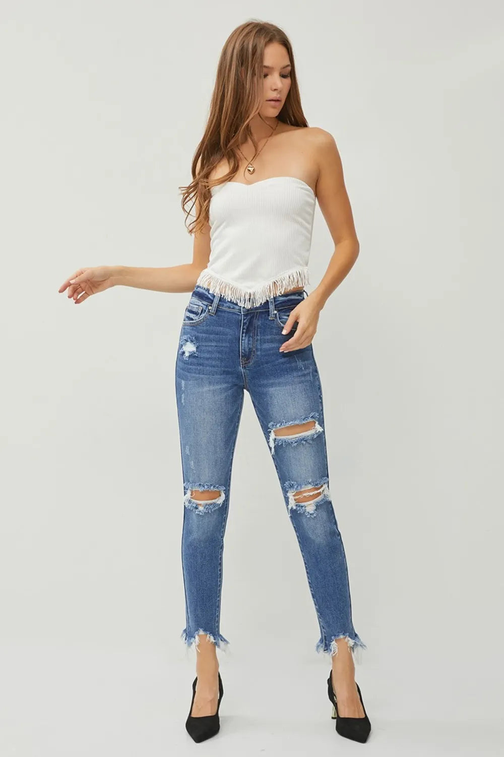 RISEN Distressed Frayed Hem Slim Jeans - LOLA MARIEE | Lola Mariee