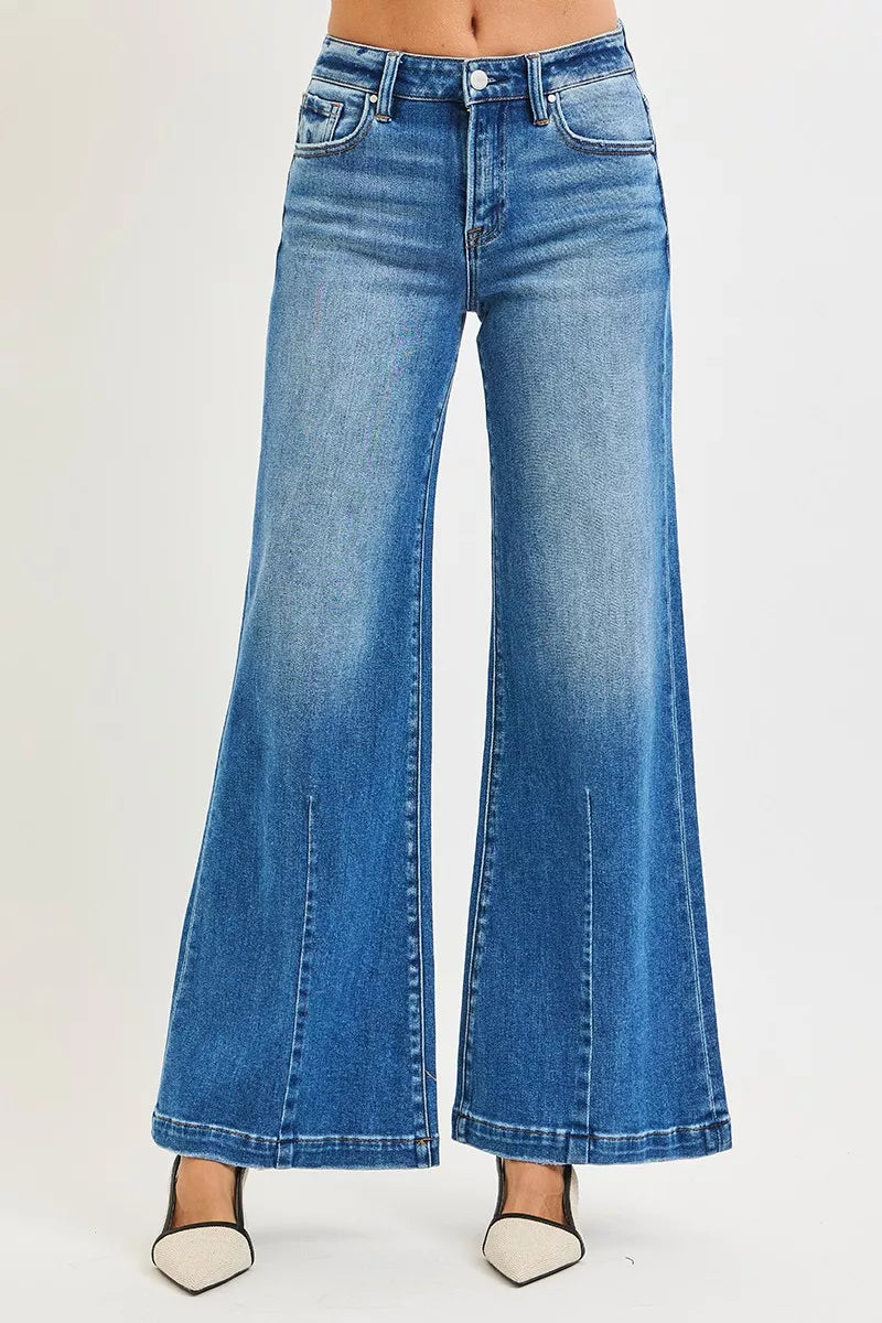 RISEN Full Size Mid Rise Wide Leg Jeans with Flared Look Plus Size - women's bottoms at Lola Mariee boutique