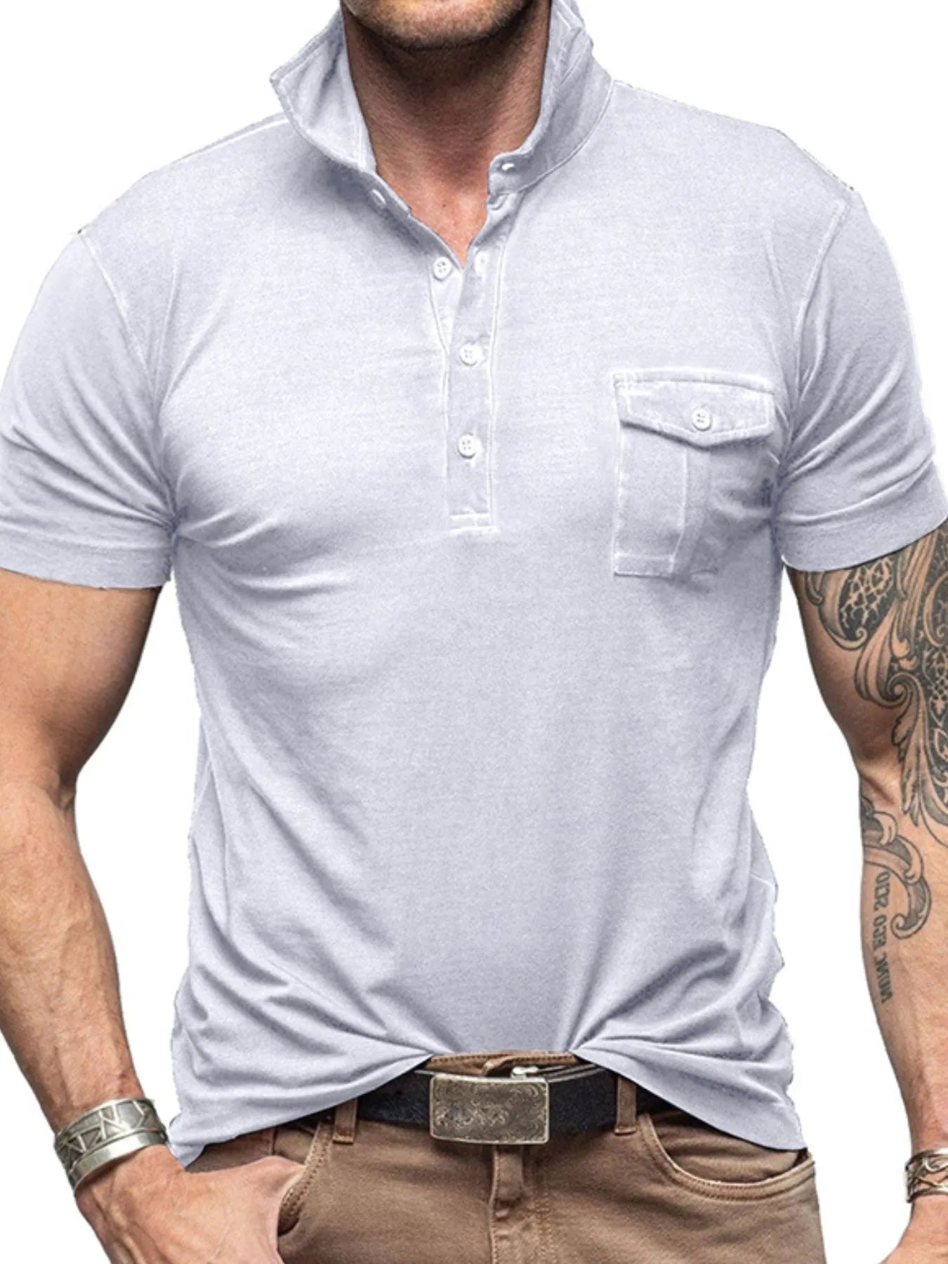 Men's Classic Pocket Polo Shirt with Stand Collar – view 6 | Lola Mariee