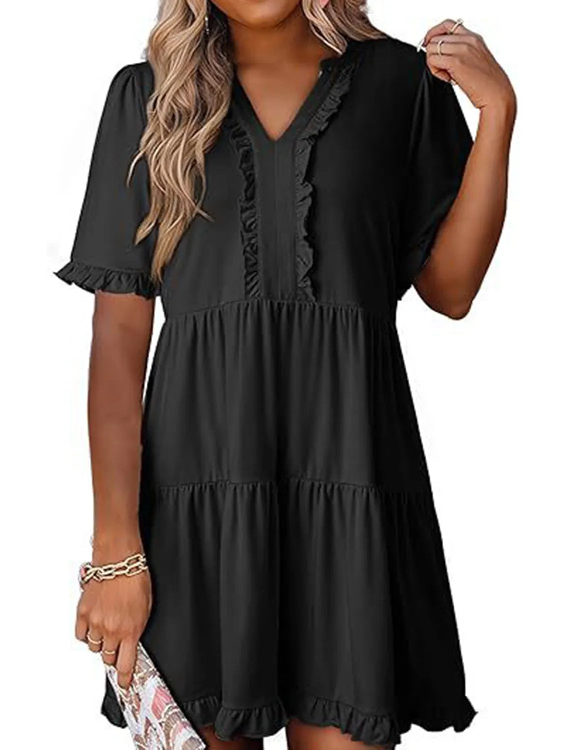 Tiered Notched Short Sleeve Mini Dress – view 4 | Lola Mariee