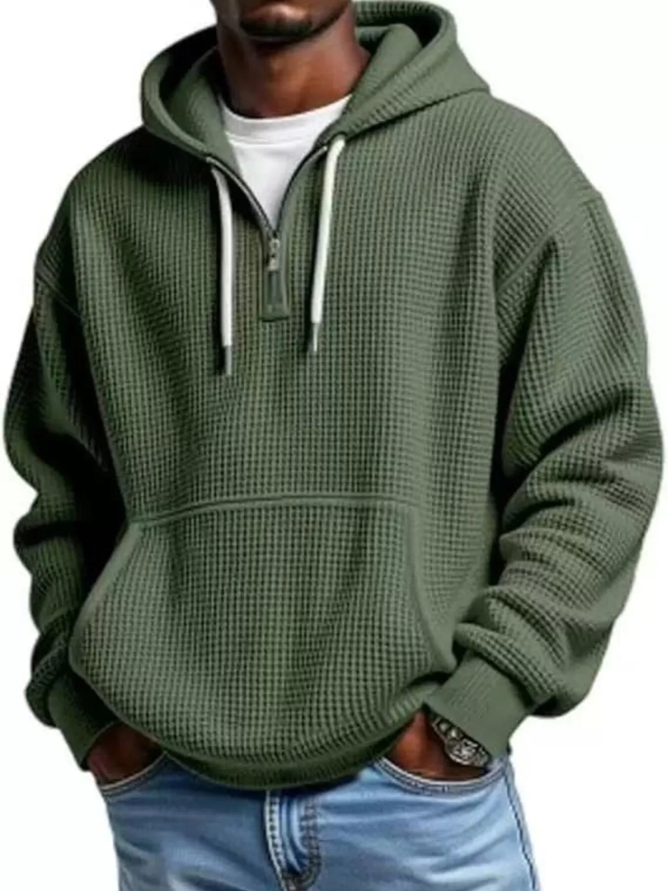 Men's Full Size Textured Waffle Knit Half-Zip Hoodie Plus Size | Lola Mariee