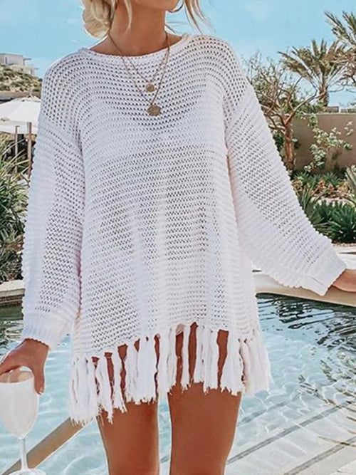 Angel Wings Openwork Tassel Hem Long Sleeve Knit Cover Up | Lola Mariee