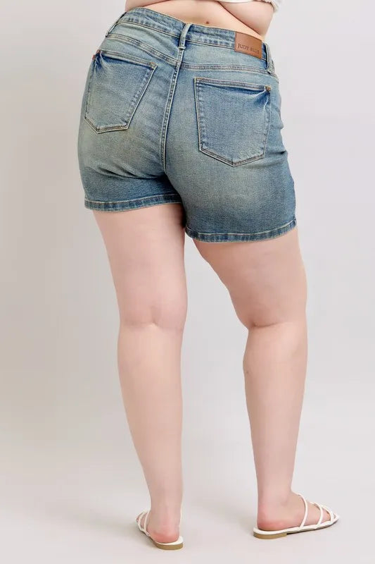 Judy Blue Plus Size V-Front Vintage Wash Shorts – view 2 | Lola Mariee