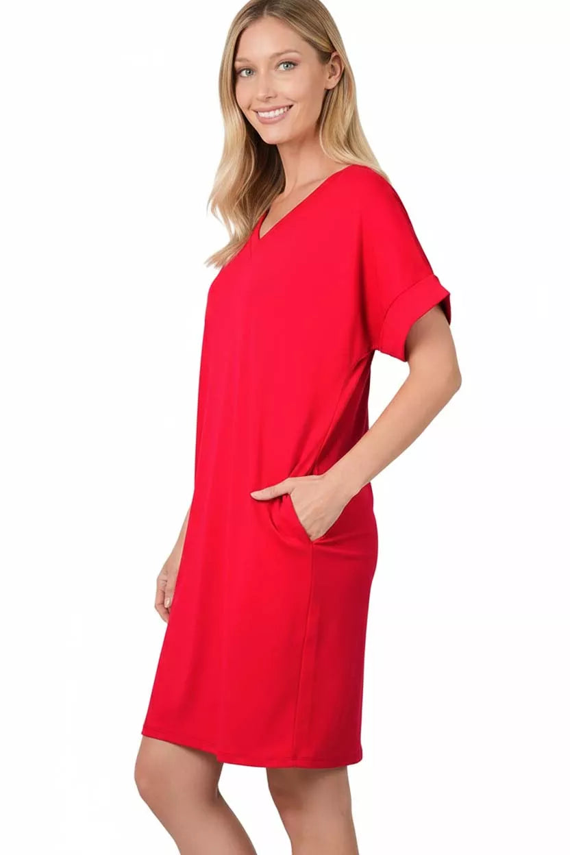 Zenana Brushed Dty Rolled Short Sleeve V-Neck Dress - Trendsi | Lola Mariee