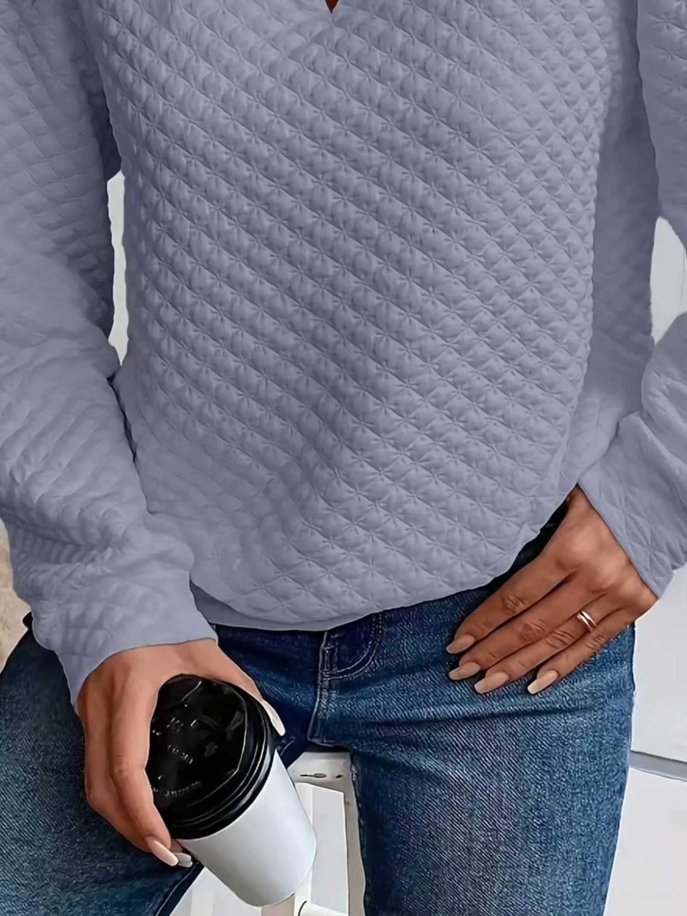 Textured Notched Raglan Sleeve Sweatshirt - Trendsi | Lola Mariee