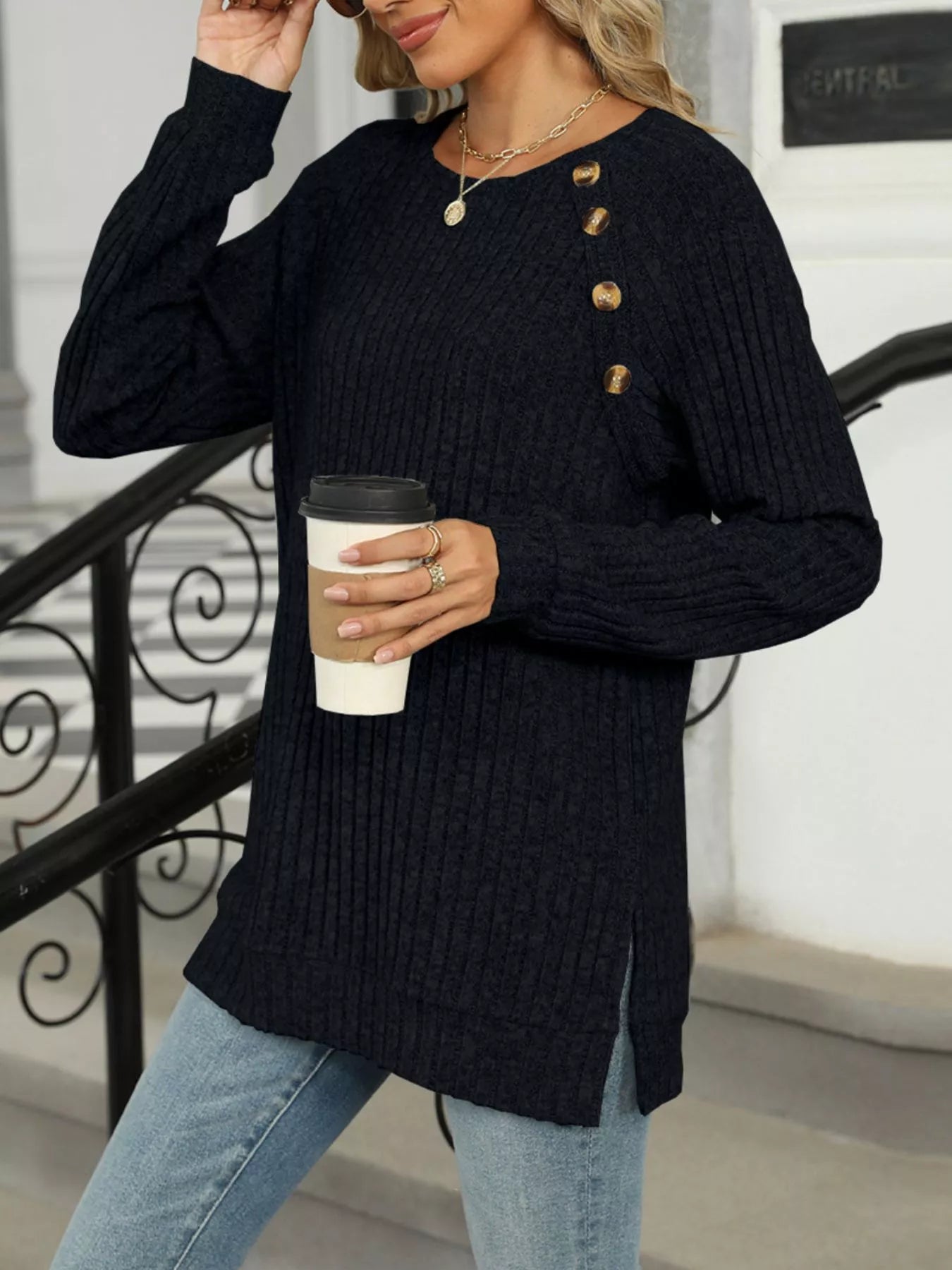 Round Neck Side Slit Ribbed Knit Top with Asymmetric Button Detail - Trendsi | Lola Mariee