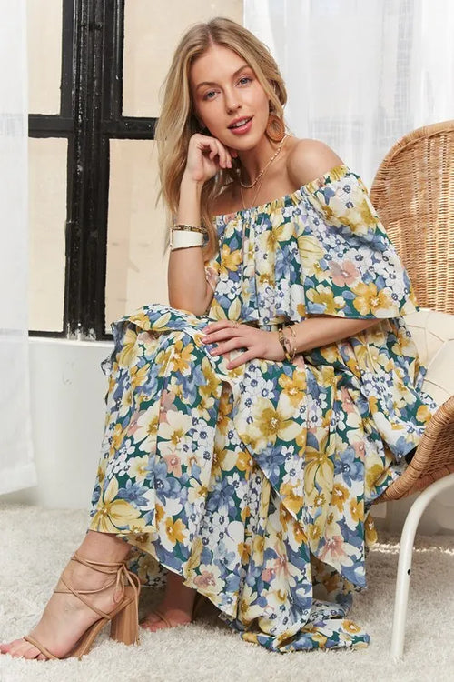 ADORA Layered Floral Off-Shoulder Short Sleeve Maxi Dress | Lola Mariee