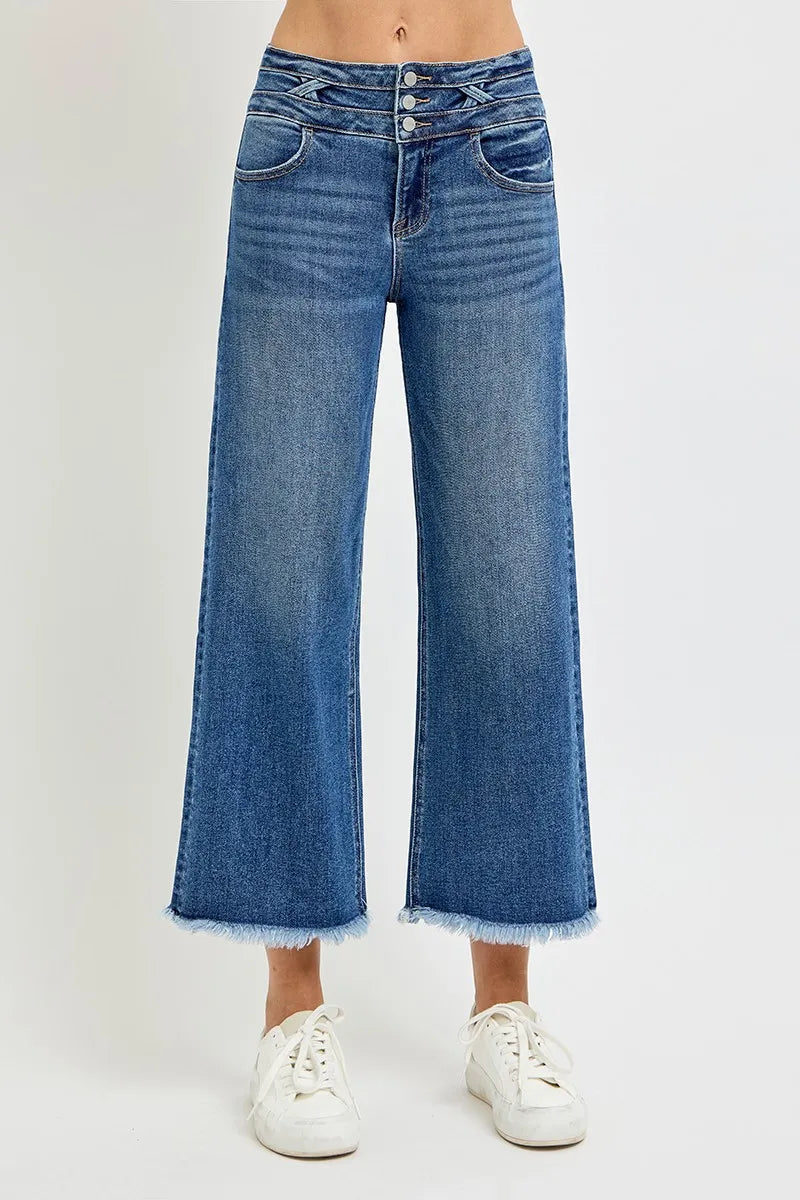 RISEN High Rise Crop Wide Leg Jeans with Wide Band Detail - women's top at Lola Mariee boutique