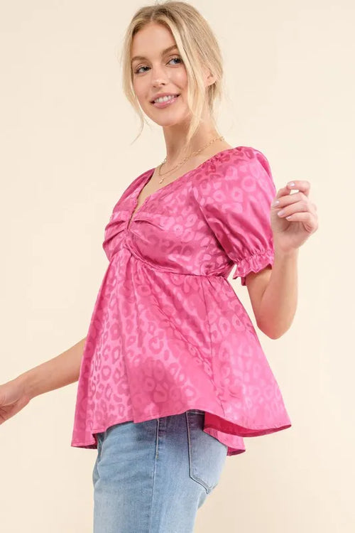 And The Why Satin Leopard V Wired Puff Sleeves Blouse – view 2 | Lola Mariee