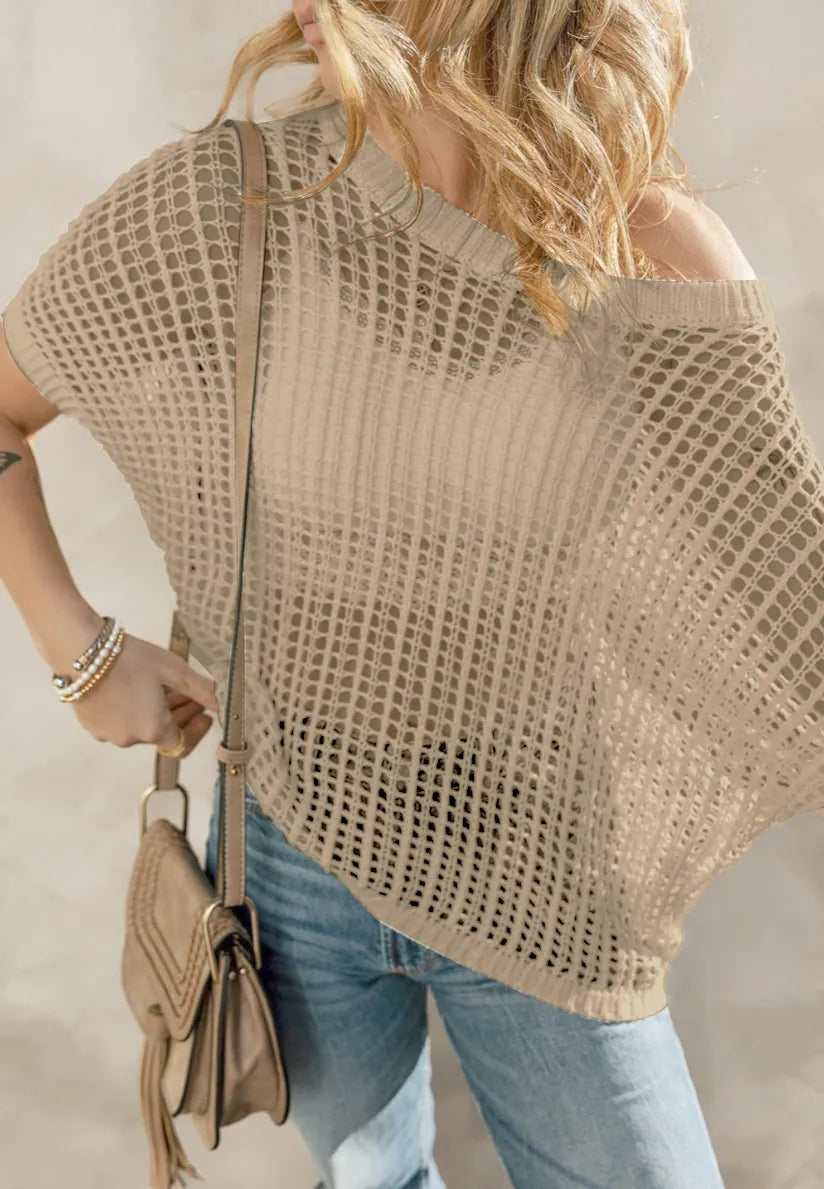 Openwork Round Neck Half Sleeve Knit Cover Up – view 10 | Lola Mariee