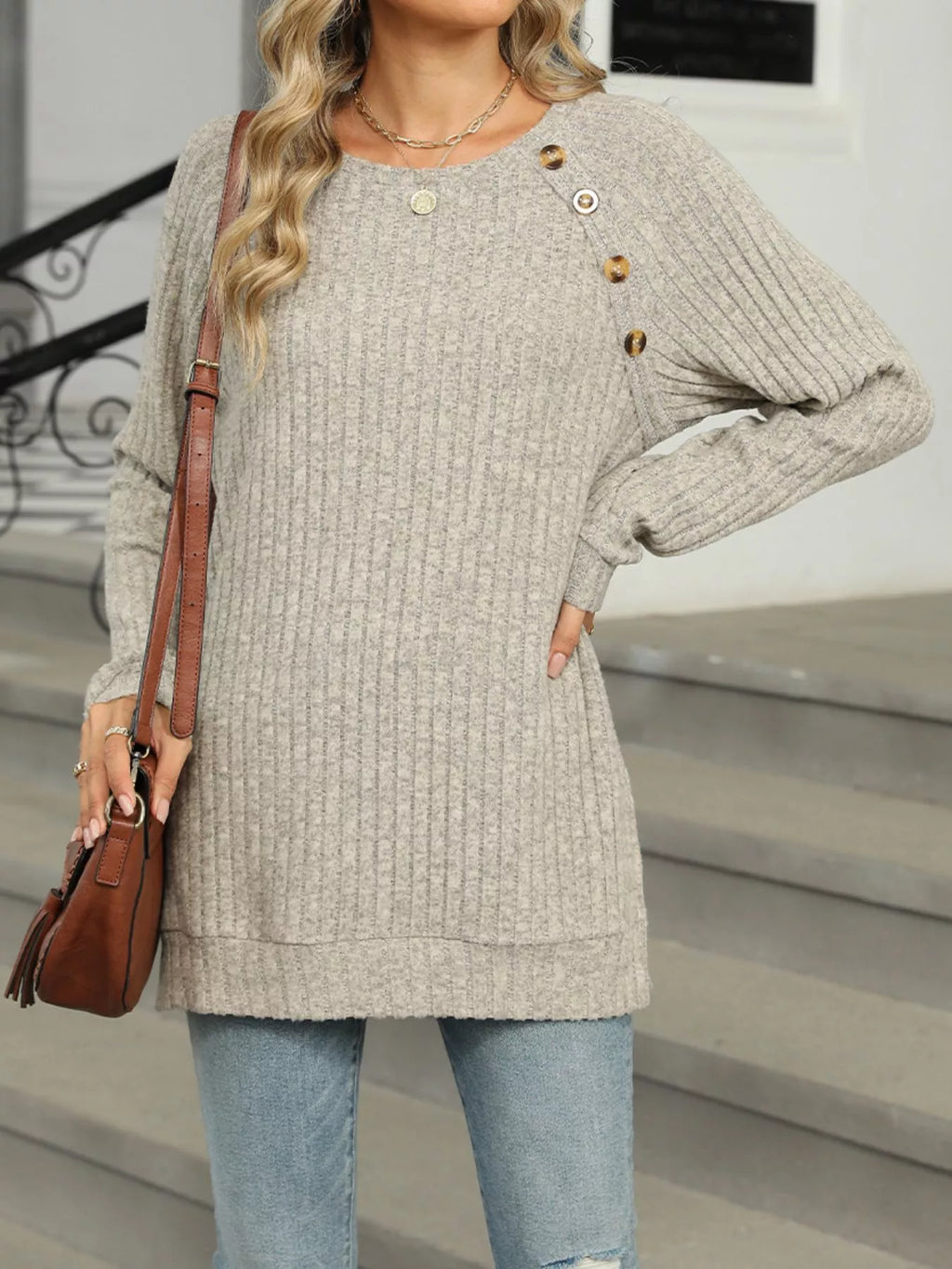 Round Neck Side Slit Ribbed Knit Top with Asymmetric Button Detail - Trendsi | Lola Mariee
