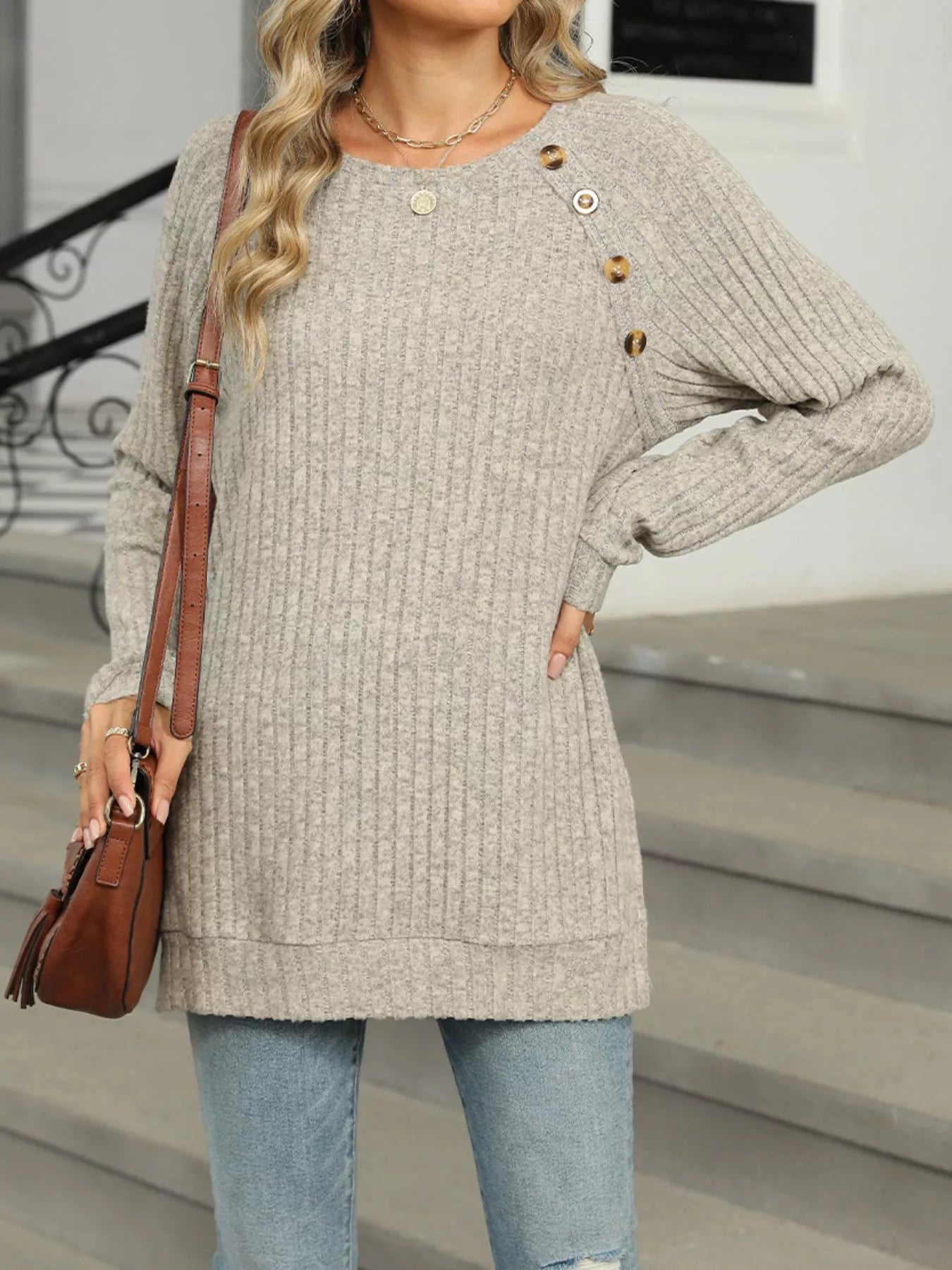 Round Neck Side Slit Ribbed Knit Top with Asymmetric Button Detail - Trendsi | Lola Mariee