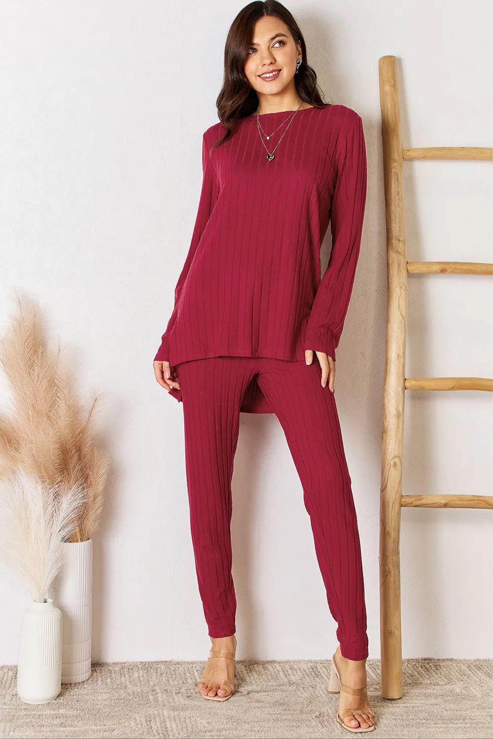 Basic Bae Full Size Ribbed Round Neck High-Low Slit Top and Pants Set | Lola Mariee