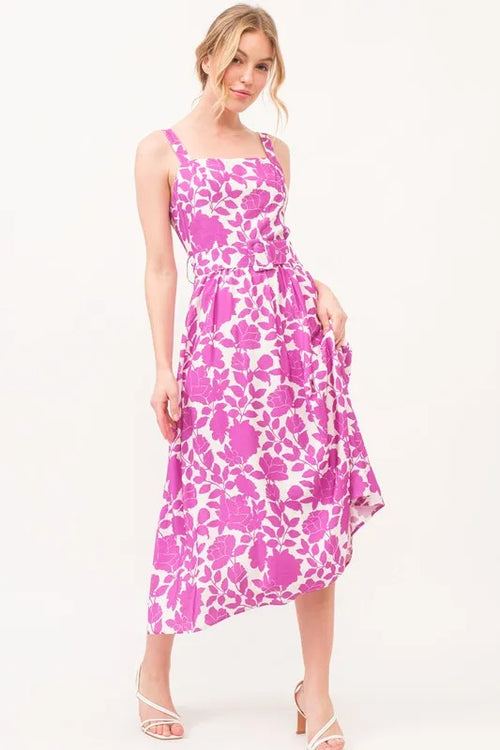 And The Why Square Neck Belted Floral Printed Midi Dress | Lola Mariee