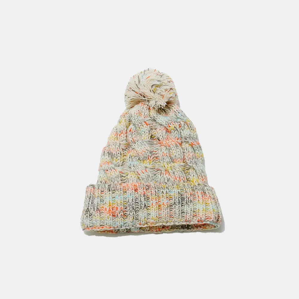 Contrast Cable-Knit Hat with Pompom – view 2 | Lola Mariee