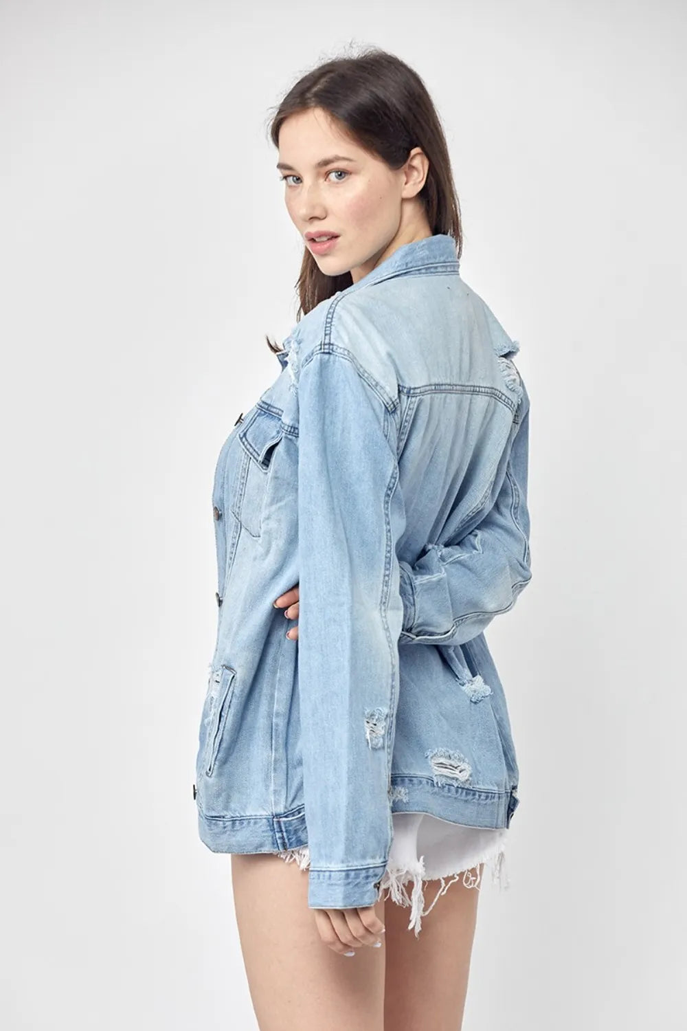 RISEN Full Size Distressed Long Sleeve Denim Jacket Plus Size - LOLA MARIEE | Lola Mariee