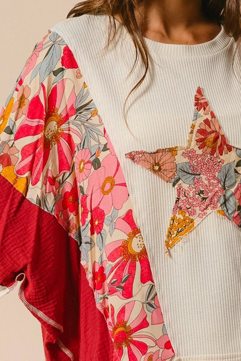 BiBi Floral Print Mixed Star Patch Round Neck Sweatshirt - Trendsi | Lola Mariee