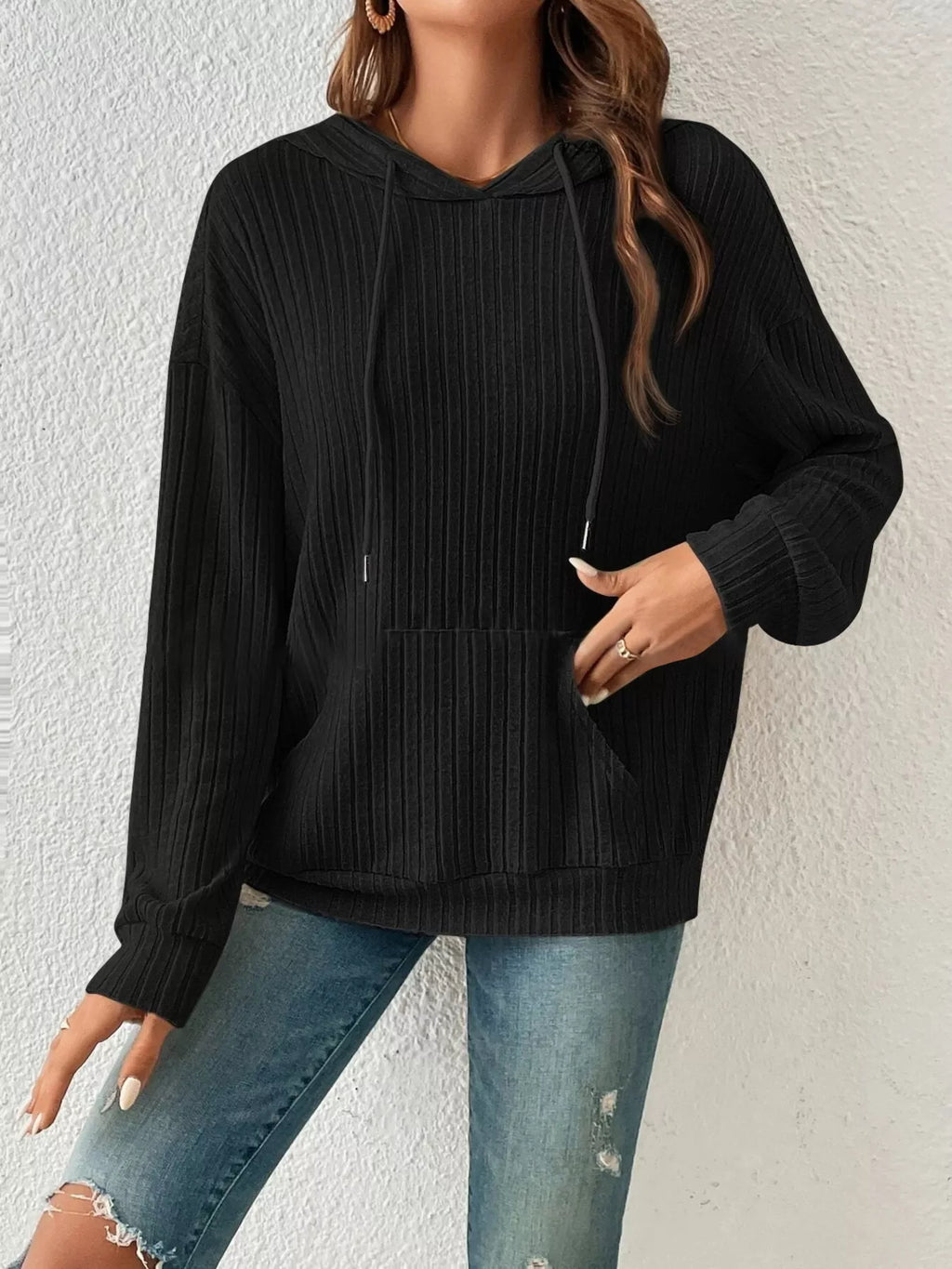 Casual Ribbed Knit Drawstring Hoodie - Trendsi | Lola Mariee