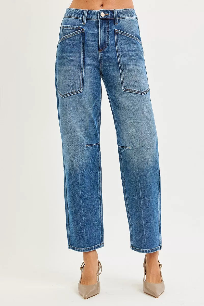 RISEN 4 Way Stretch Mid Rise Barrel Jeans with Patch Pocket Detail - LOLA MARIEE | Lola Mariee