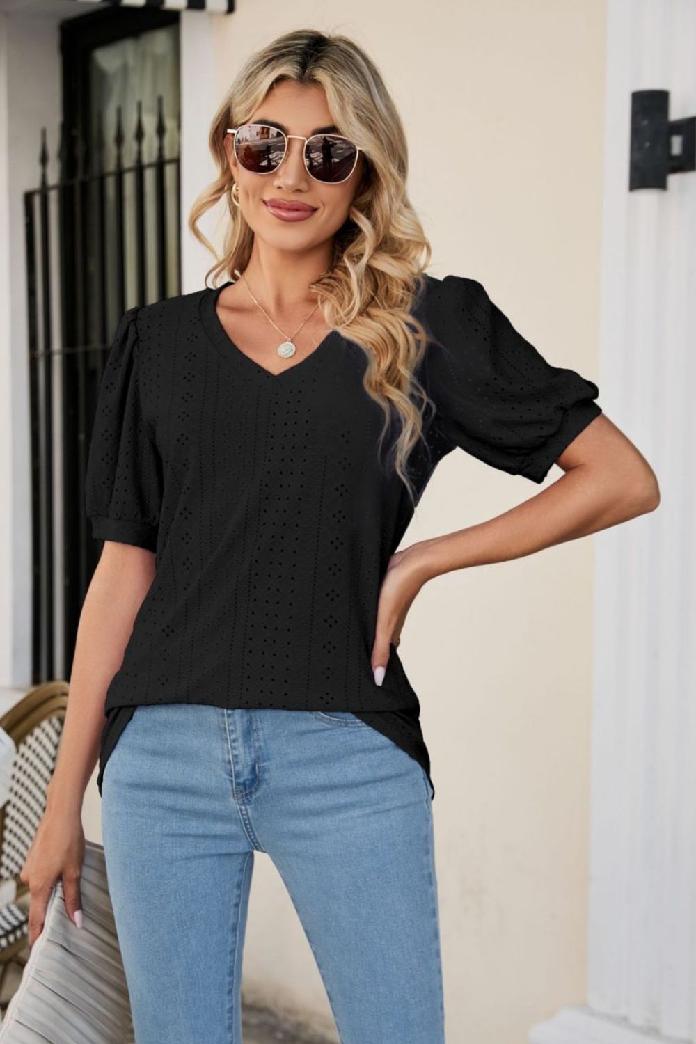 Eyelet Puff Sleeve V-Neck Top - Trendsi | Lola Mariee