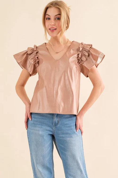 And The Why Faux Leather Ruffle Sleeves V Neck Top | Lola Mariee