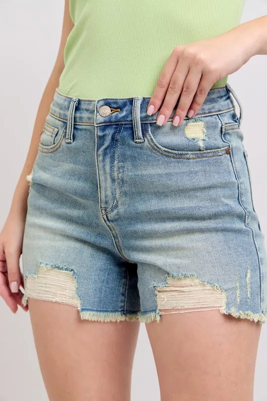 Judy Blue Full Size High Rise Washed Fly Stitch Detail and Destroy Denim Shorts Plus Size - women's bottoms at Lola Mariee boutique