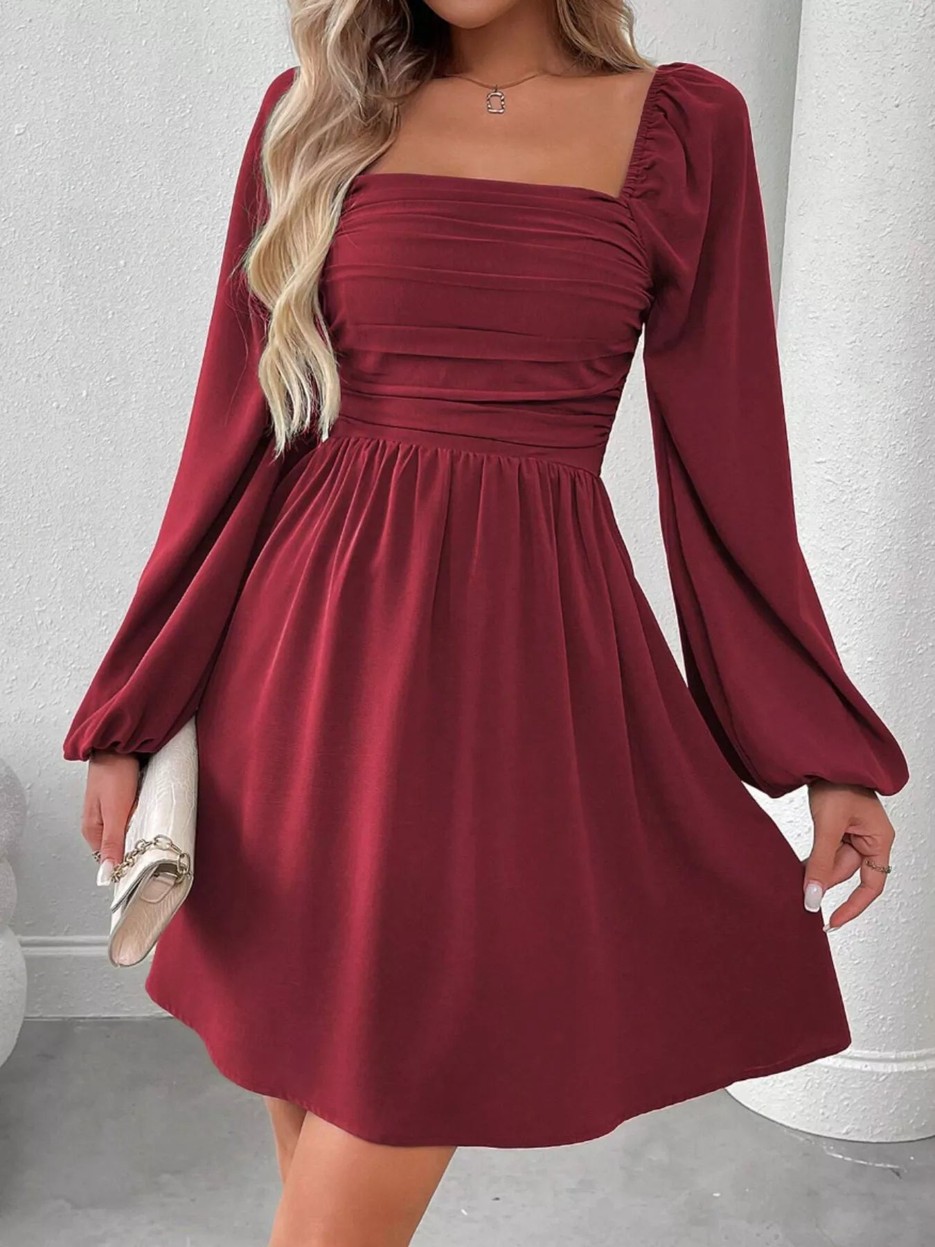 Ruched Square Neck Long Sleeve A-Line Dress – view 4 | Lola Mariee
