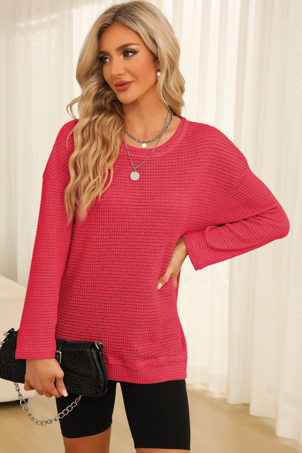 Waffle-Knit Round Neck Long Sleeve Sweatshirt - Trendsi | Lola Mariee