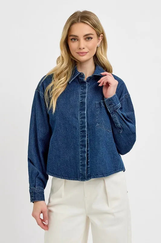 RISEN Button Up Long Sleeve Denim Shacket - LOLA MARIEE | Lola Mariee