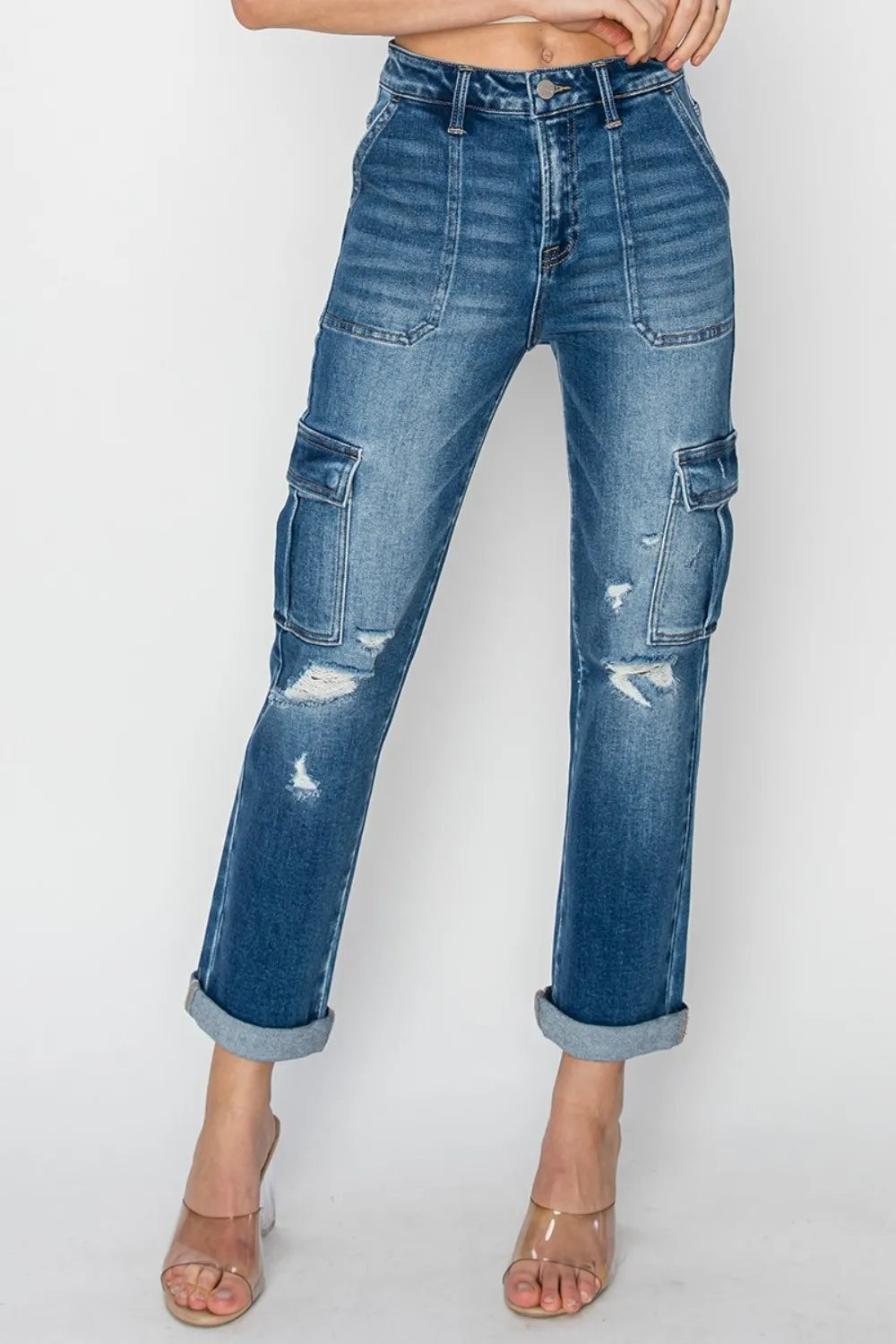 RISEN Full Size High Rise Cargo Ankle Roll Up Straight Jeans - women's bottoms at Lola Mariee boutique