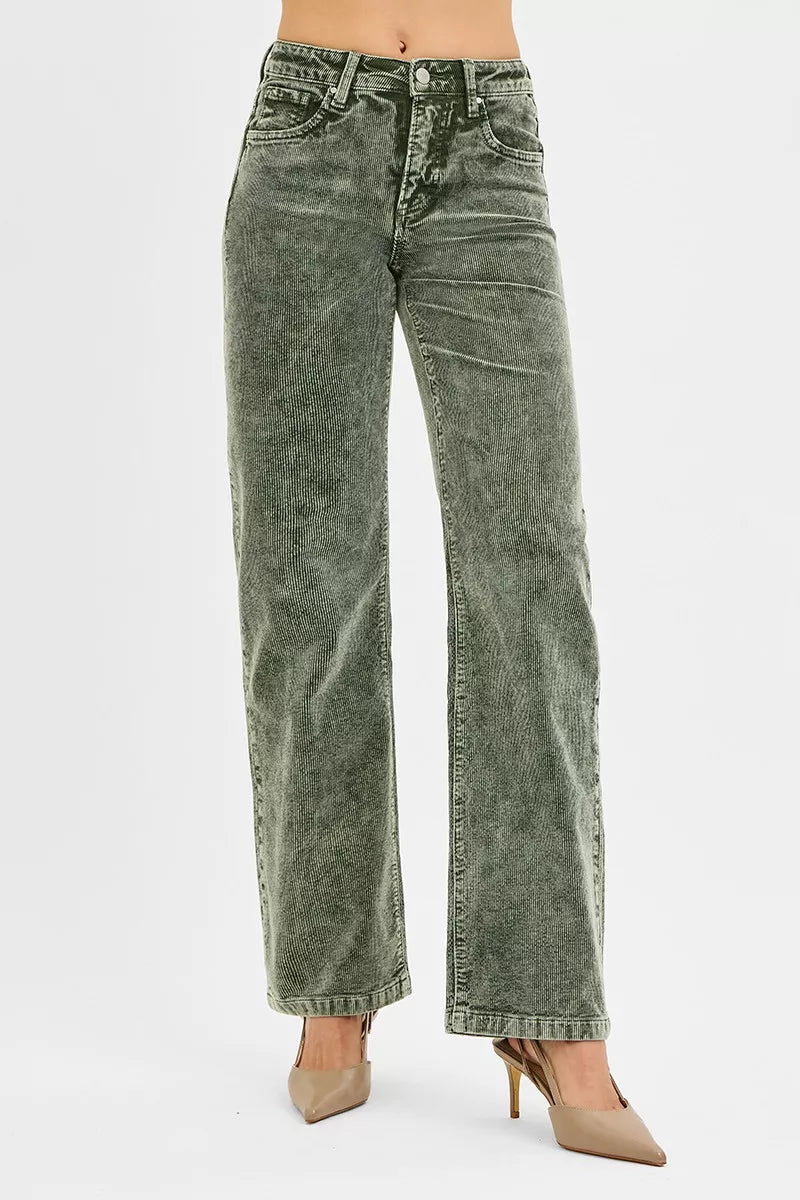 RISEN Tummy Control Mid Rise Straight Leg Corduroy Pants - women's bottoms at Lola Mariee boutique