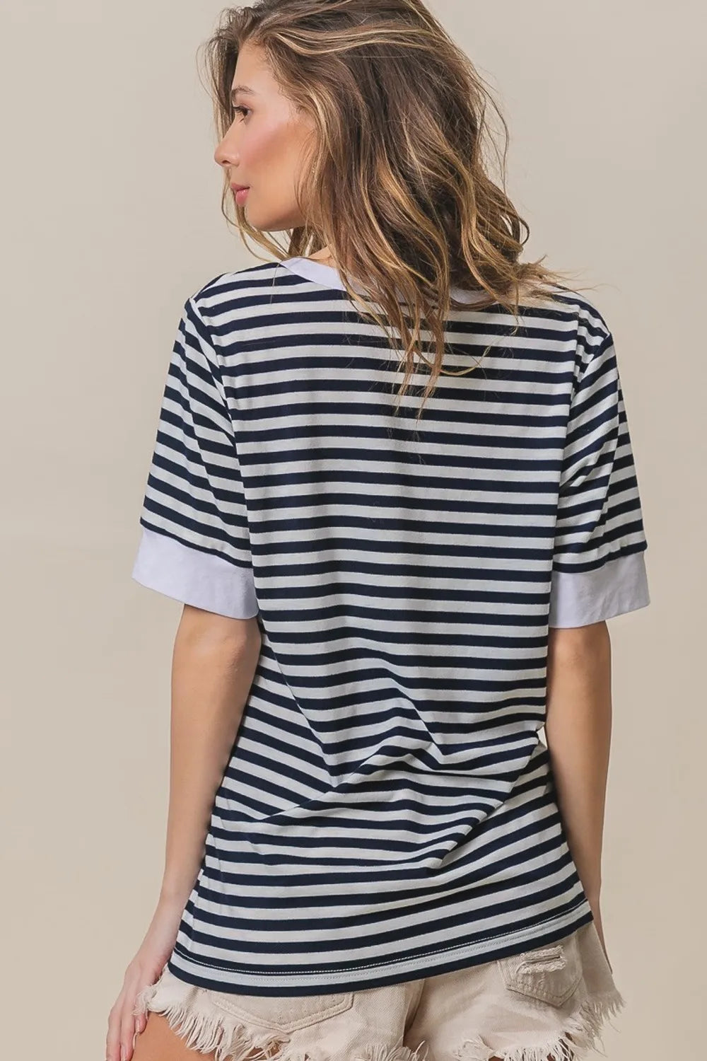 BiBi Contrast Striped Notched Knit Top - Trendsi | Lola Mariee
