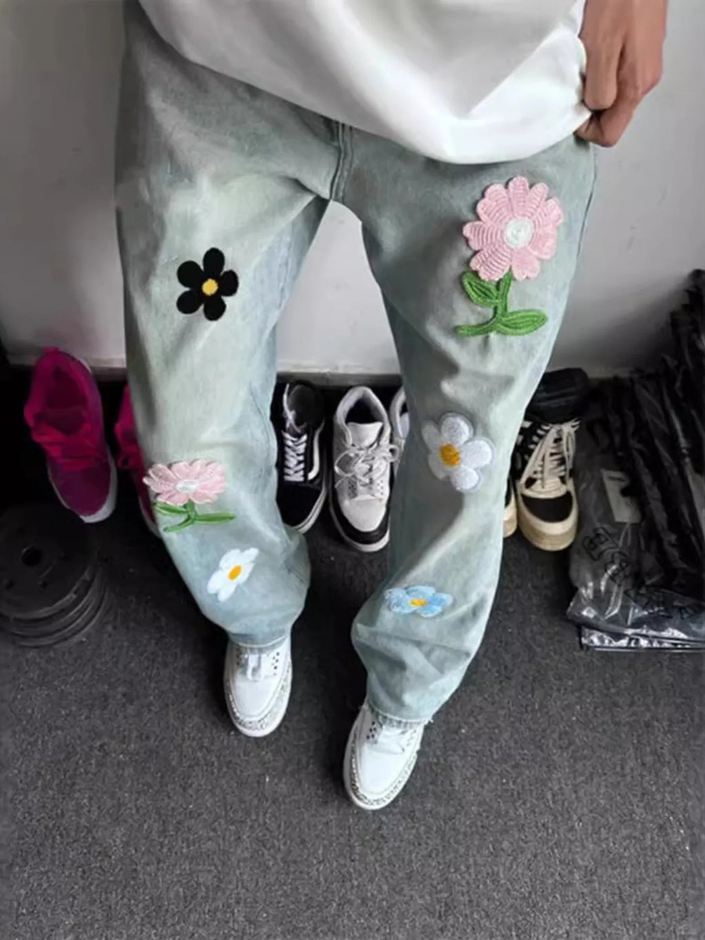 Men's Full Size Floral Wide Leg Jeans Plus Size - women's bottoms at Lola Mariee boutique