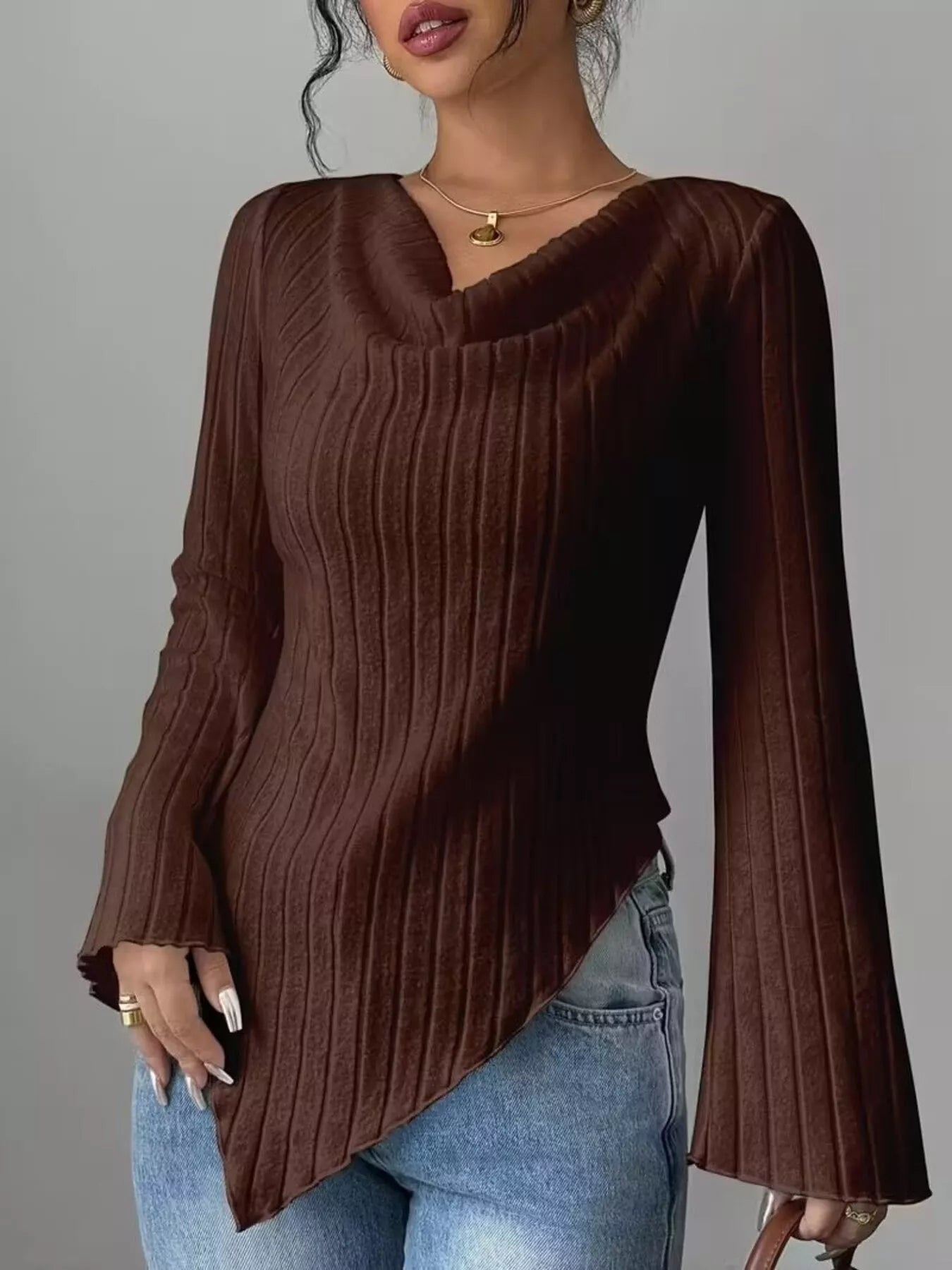 Cowl Neck Ribbed Knit T-Shirt – view 10 | Lola Mariee