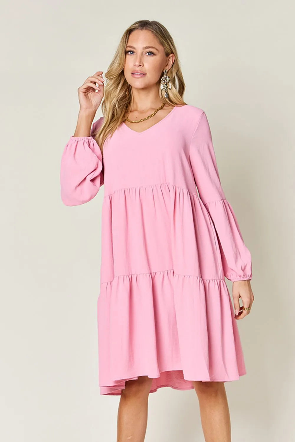 Double Take Full Size V-Neck Balloon Sleeve Tiered Dress with Pockets – view 7 | Lola Mariee