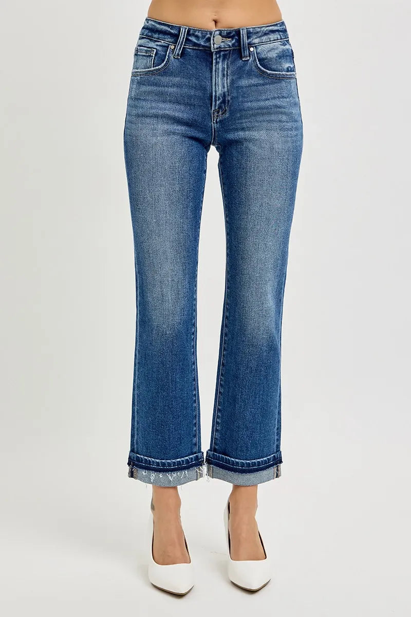 RISEN Mid Rise Ankle Straight Cuffed Jeans - women's bottoms at Lola Mariee boutique