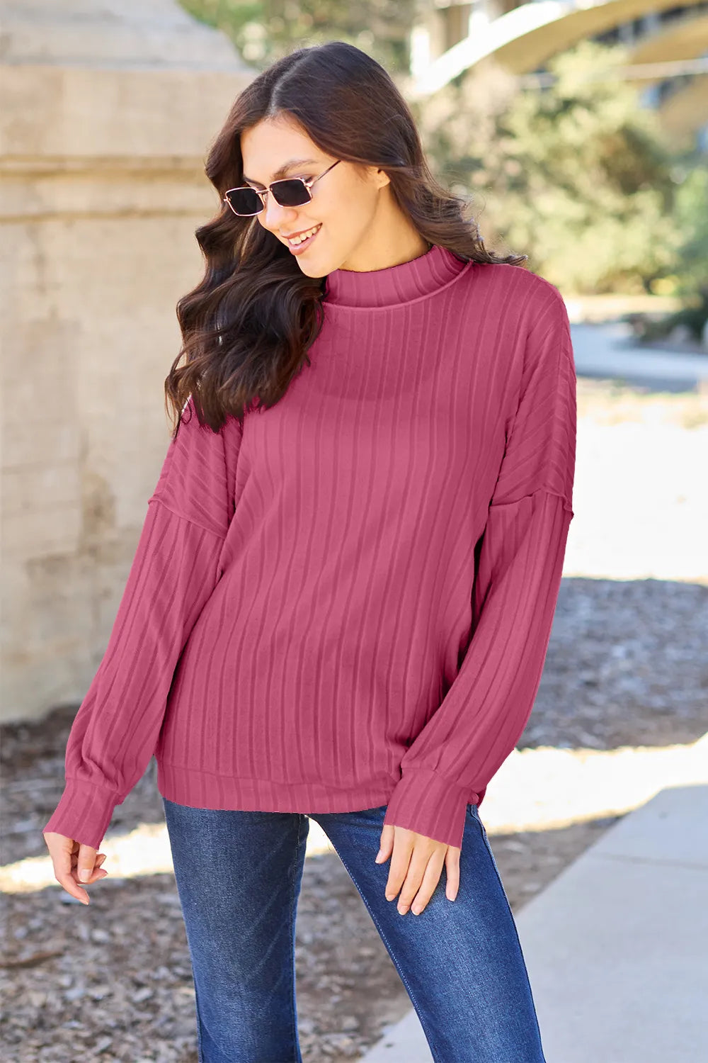 Basic Bae Full Size Ribbed Exposed Seam Mock Neck Knit Top – view 7 | Lola Mariee