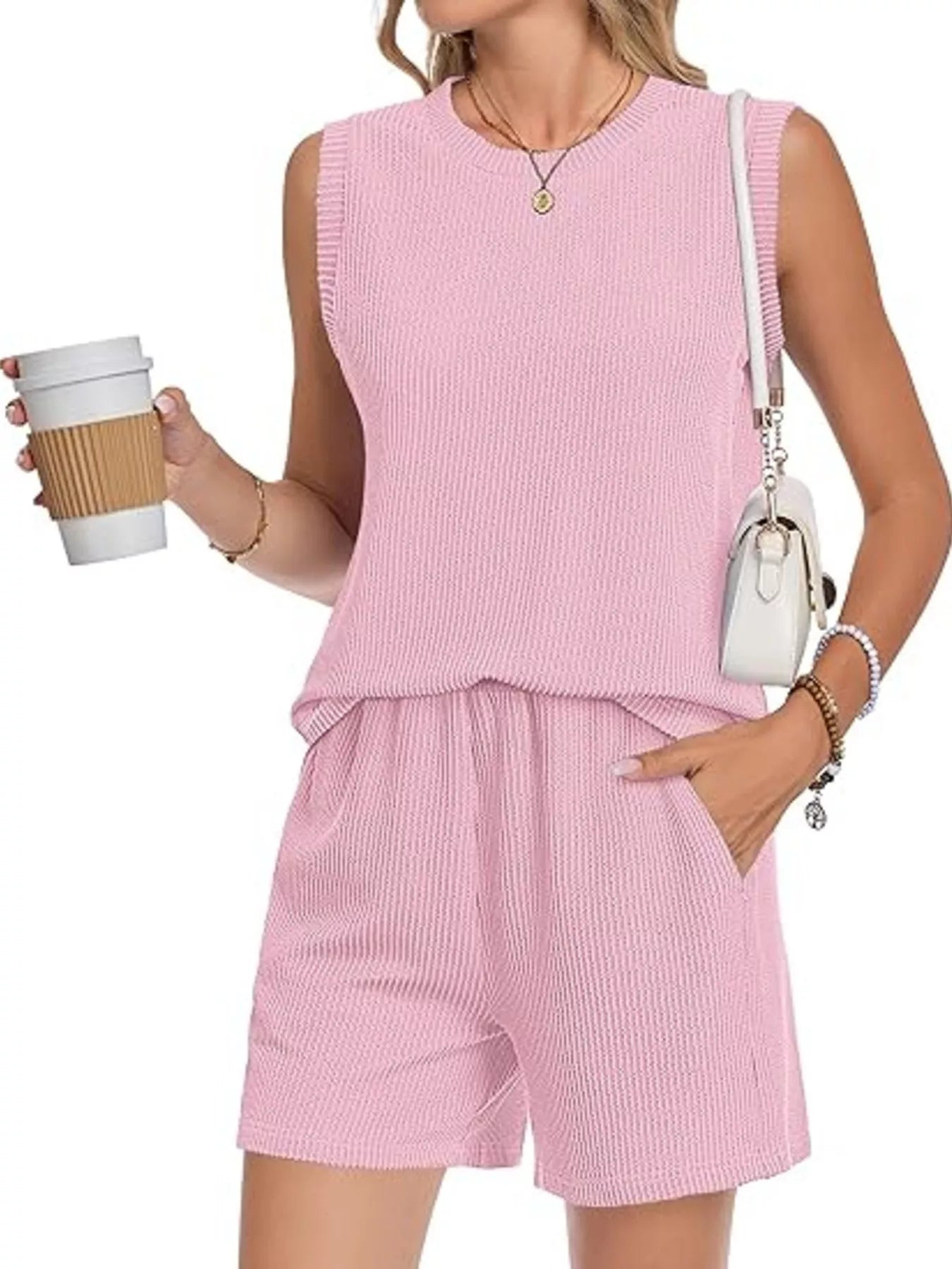 Casual Ribbed Knit Sleeveless Top and Shorts Set - Trendsi | Lola Mariee
