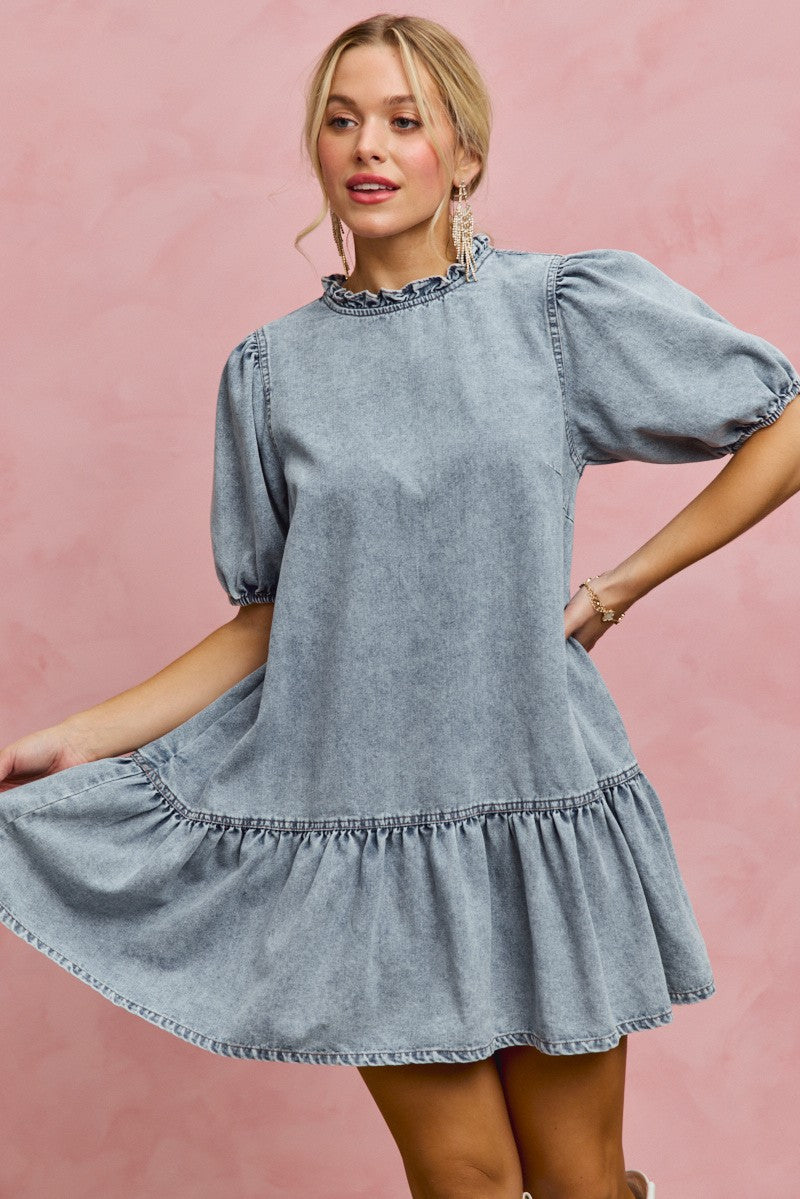 SO ME Denim Short Sleeves Mini Tiered Dress - Trendsi | Lola Mariee
