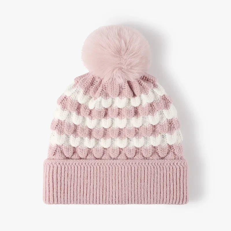 Striped Contrast Knit Hat with Pom-pom – view 2 | Lola Mariee