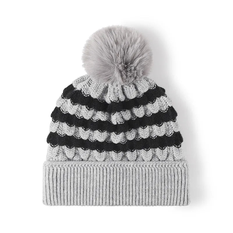 Striped Contrast Knit Hat with Pom-pom – view 5 | Lola Mariee