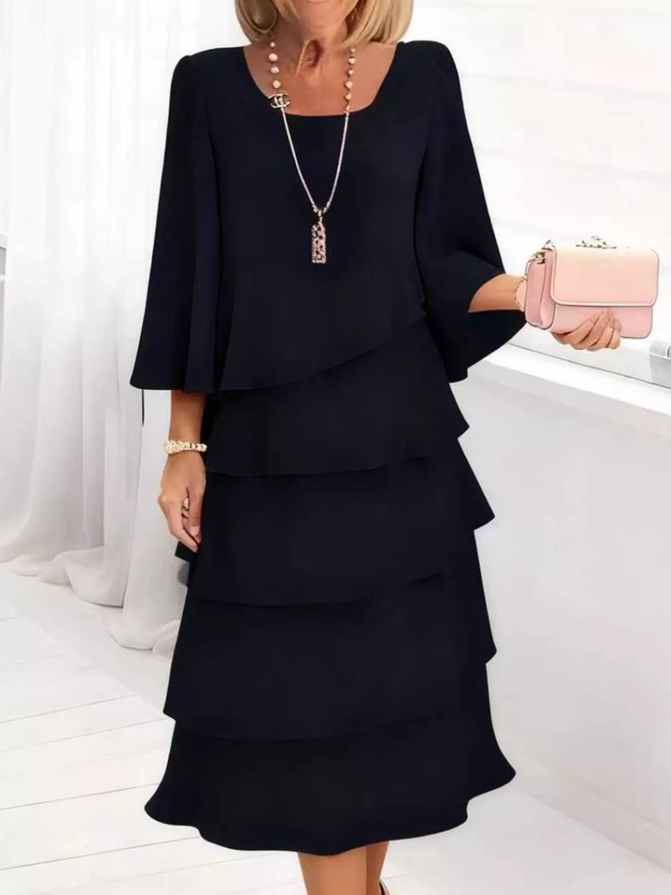 Full Size Ruffled Layered 3/4 Sleeve Dress Plus Size – view 7 | Lola Mariee