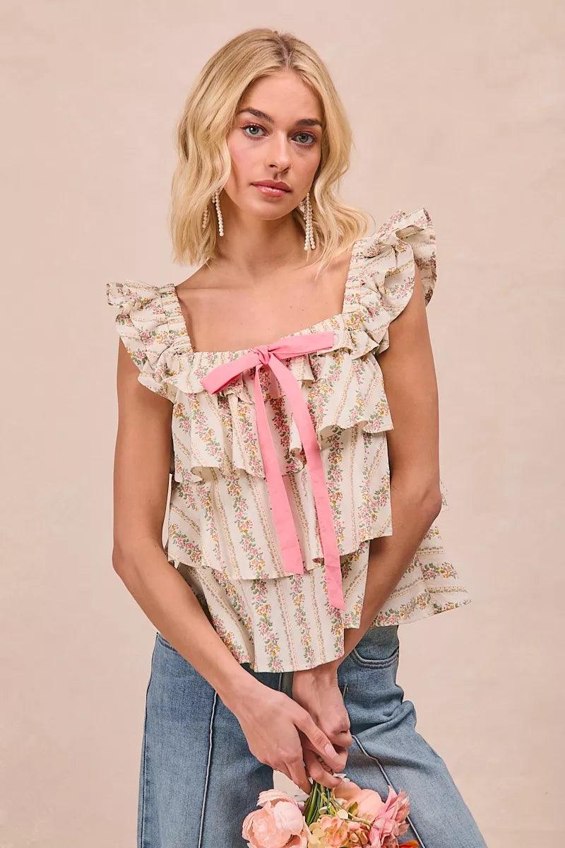 BiBi Floral Printed Woven Front Bow Tied Ruffled Square Neck Sleeveless Top - Trendsi | Lola Mariee