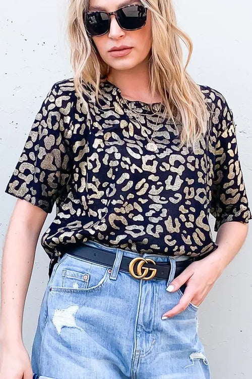 And The Why Leopard Foil Printed Half Sleeve Summer Sweater | Lola Mariee